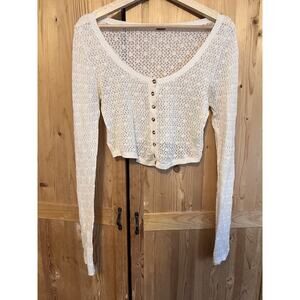Free People White Lace Cropped Long Sleeve Button Up Top Y2K